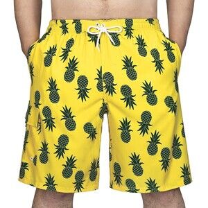 Men's 10" Swim Trunks Yellow Pineapple Mesh Lined Long Board Shorts - XL